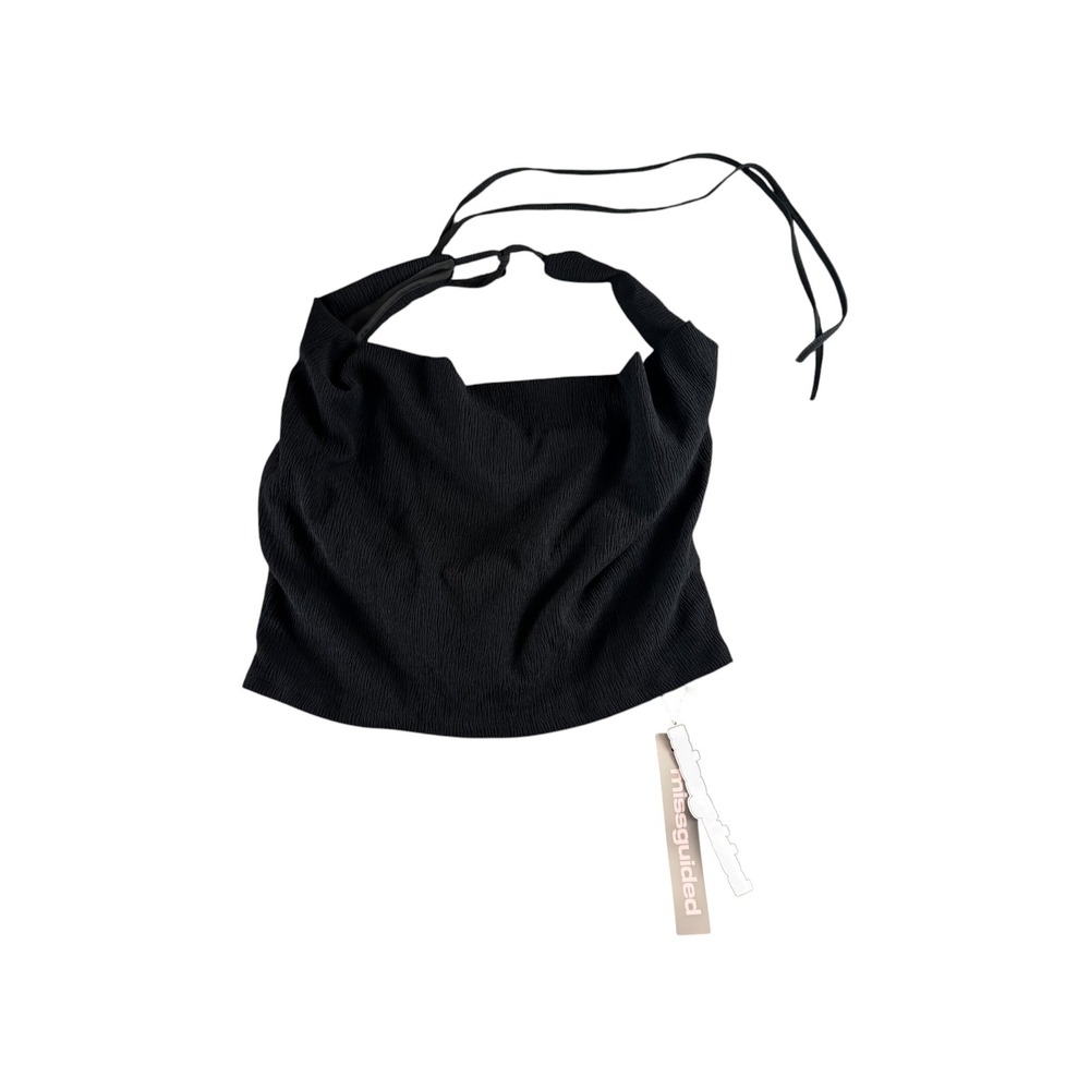 Missguided Black Cowl Neck Halter Top Textured Crinkle Tie Back Size L NEW